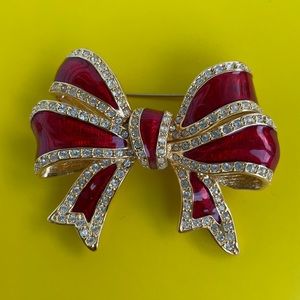 Joan Rivers Crystal & Red Enamel Bow Pin